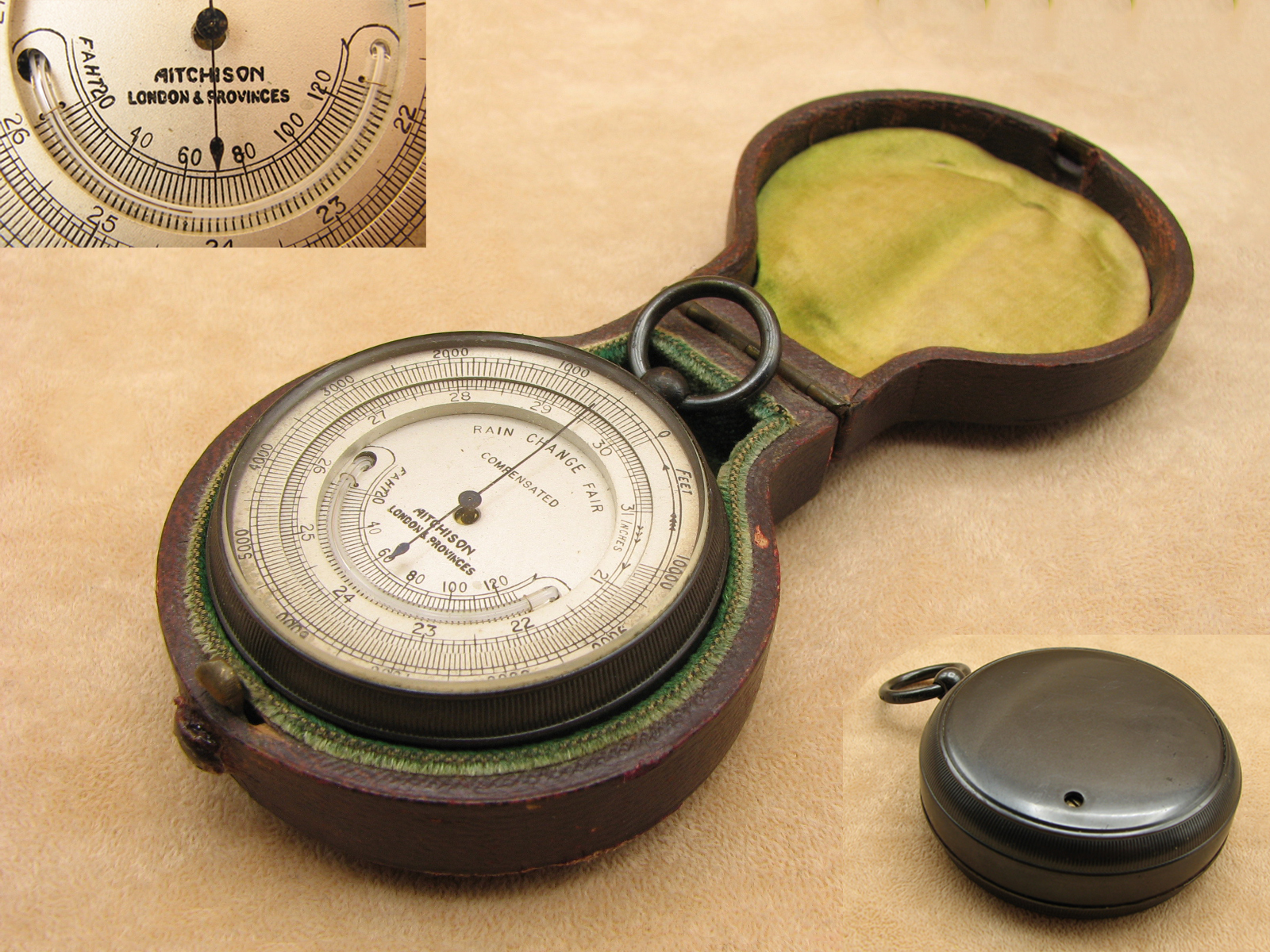 Antique pocket barometer with curved thermometer signed Aitchison London & Provinces